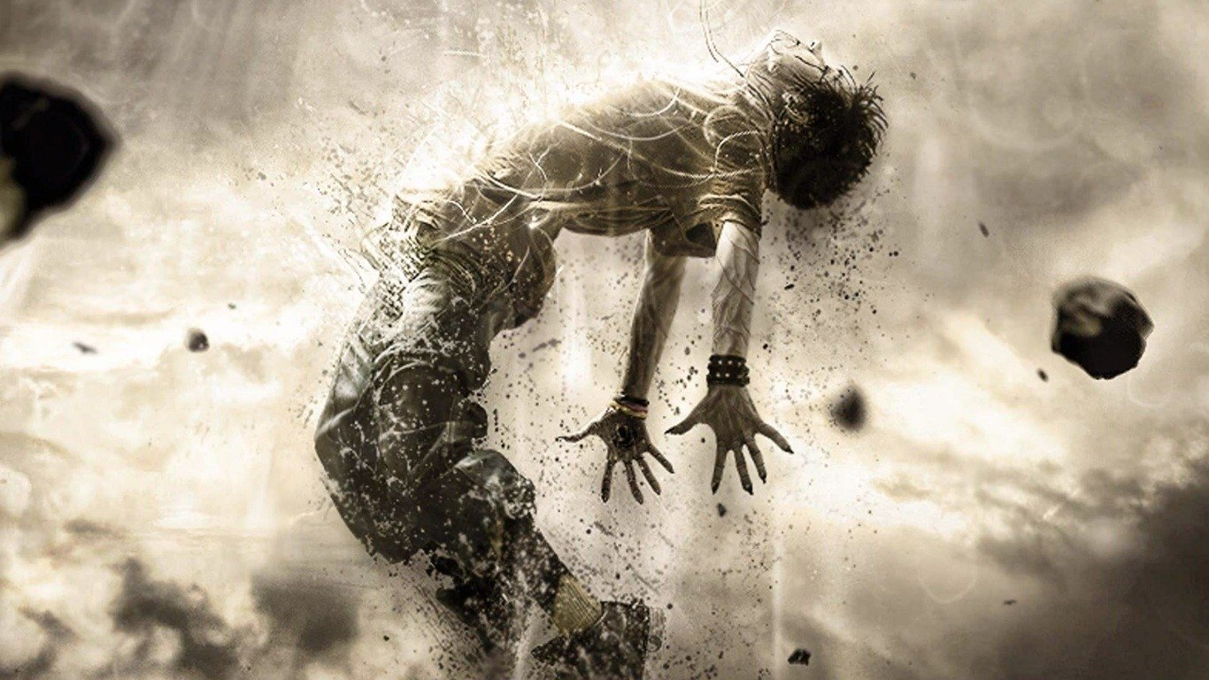Artistic depiction of a boy arched backward, suspended in swirling dust and floating debris under dramatic, sepia-toned light.