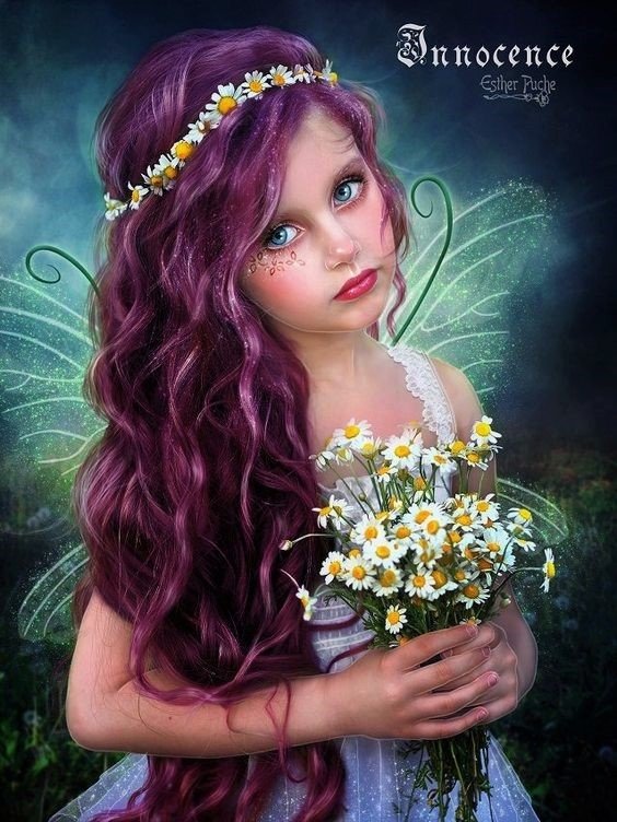 Young fairy child with long purple hair and blue eyes, wearing a daisy wreath and holding a bouquet of flowers, translucent wings glowing in a magical fantasy forest.