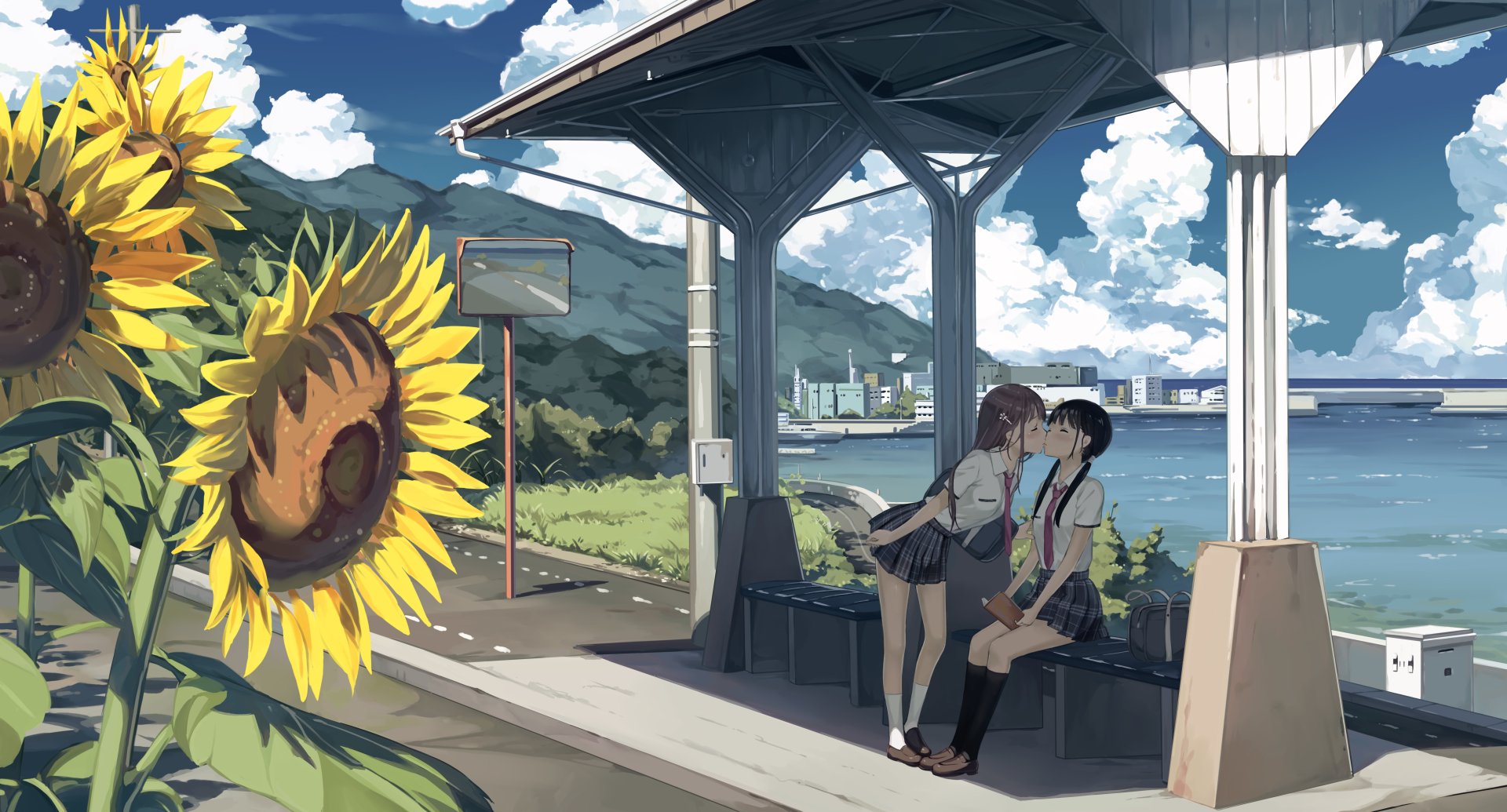 A serene anime scene depicting a couple sharing a tender moment at a bus stop, surrounded by sunflowers and a picturesque landscape, capturing the essence of yuri romance.