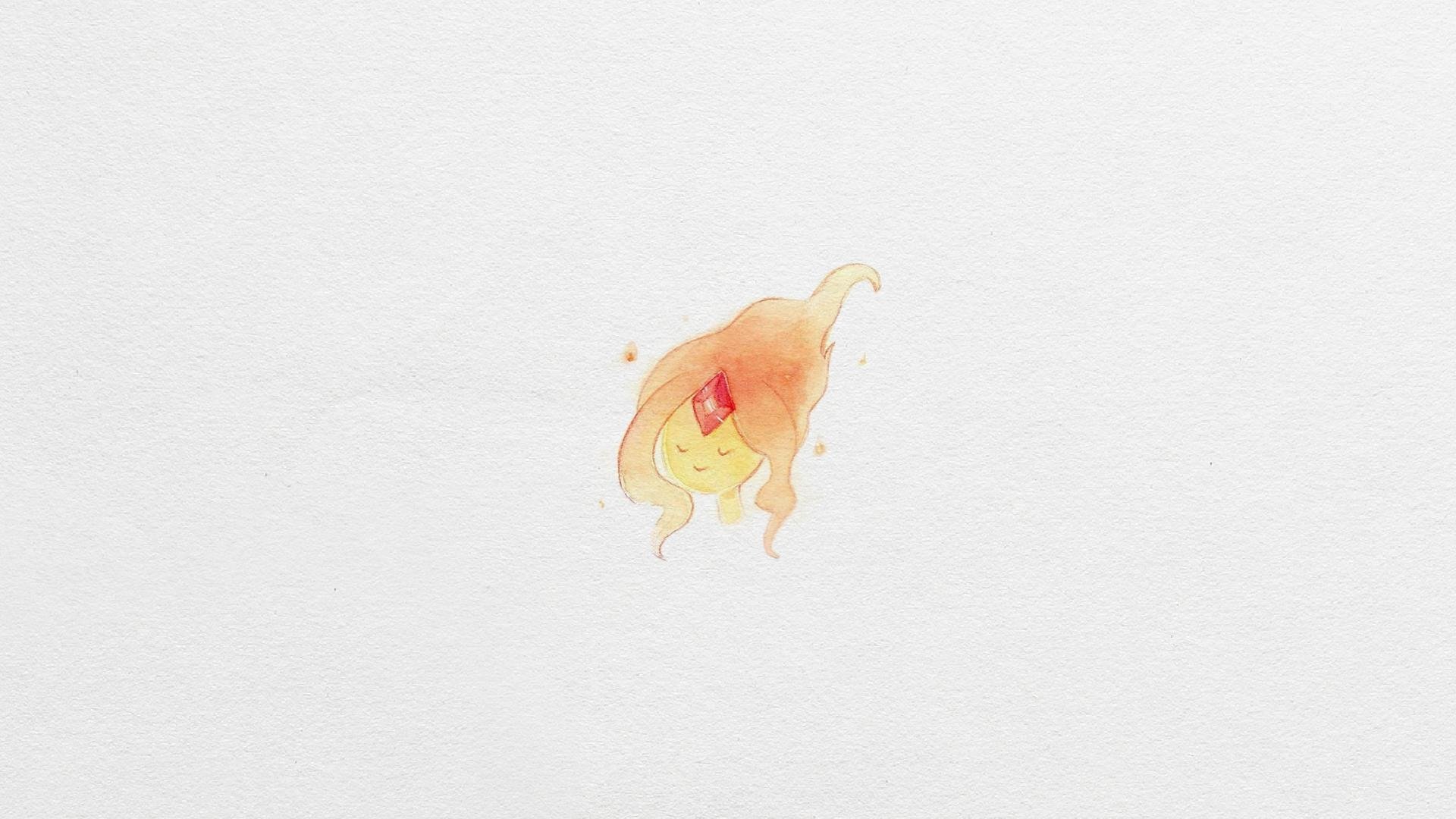 Minimalist illustration of a small orange-red flame creature with a simple face and gem-like mark, from the TV show Adventure Time, set against a plain white background.