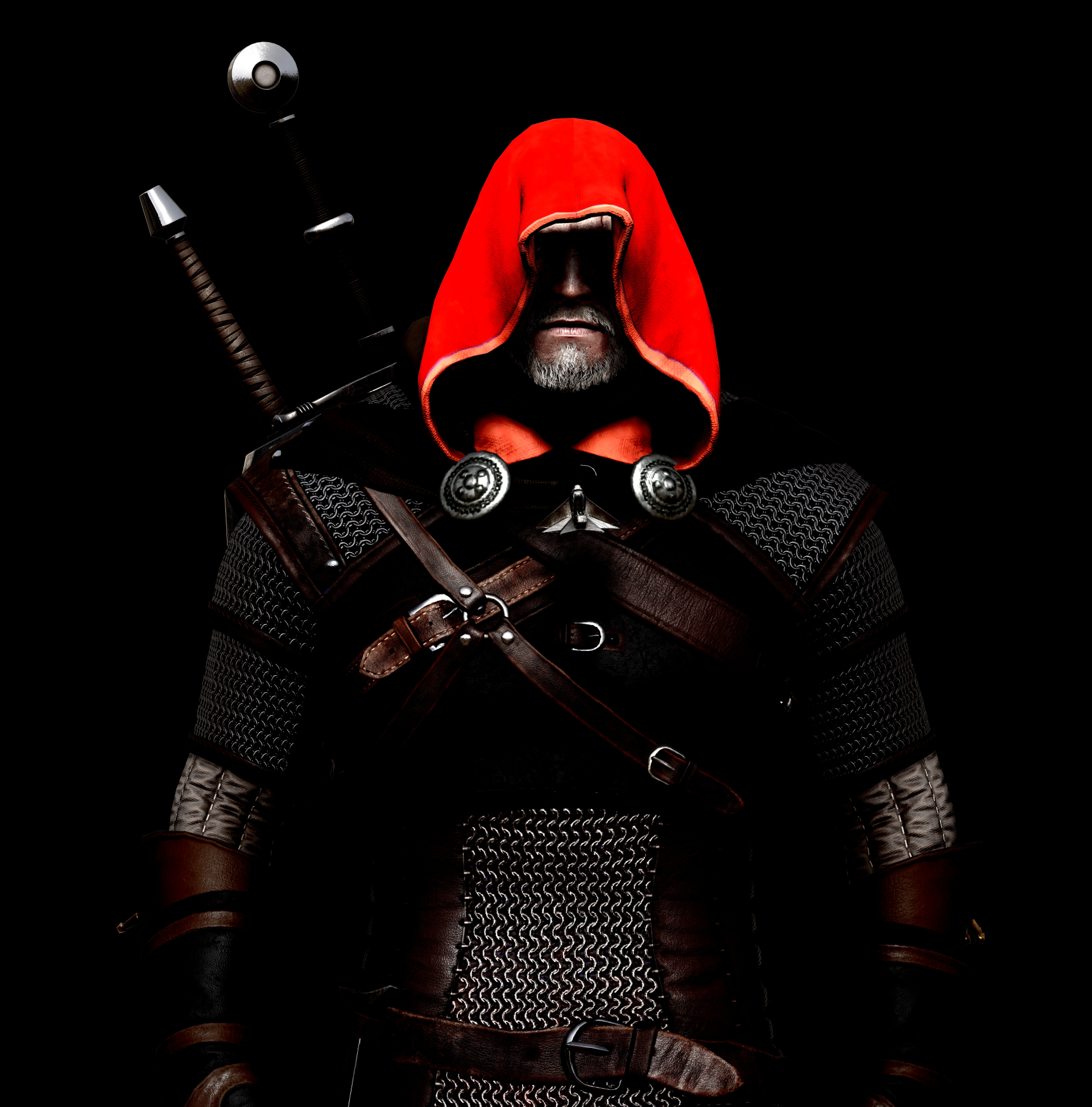Geralt of Rivia from the video game The Witcher 3: Wild Hunt stands in dark armor with a red hood and two swords strapped to his back against a black background.