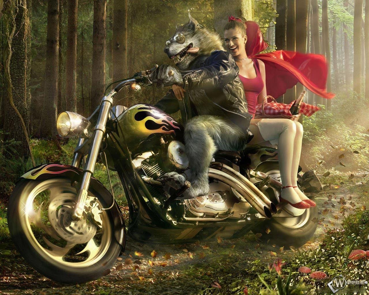 A fantasy scene featuring a woman in a red riding hood, riding on a motorcycle alongside a wolf in a leather jacket, set in a wooded environment.