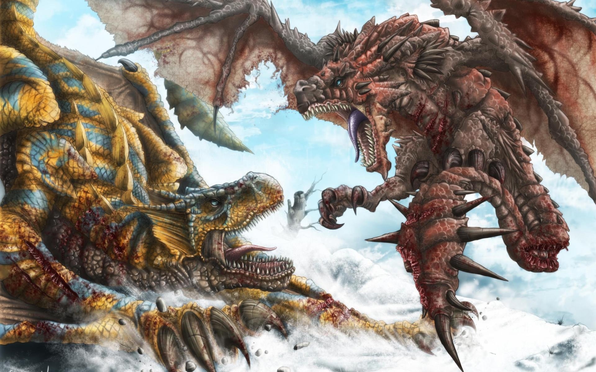 Two dragons clash on a snowy battlefield: a red wyvern lunging at a blue-gold beast, artwork from the video game Monster Hunter Freedom Unite.