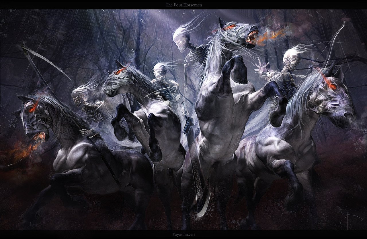 Dark, storm-lashed scene of the Four Horsemen of the Apocalypse: four skeletal riders on charging horses, weapons raised amid swirling ash and thunder.