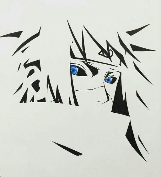 Stylized stencil of Minato Namikaze from Naruto: close-up of his face with bright blue eyes, spiky hair, and a Konoha headband rendered in black lines on a white background.