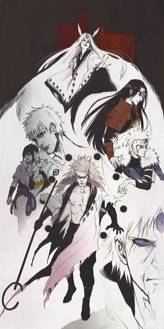 Illustration featuring Naruto characters Kaguya Ōtsutsuki, Tobirama Senju, Hashirama Senju, Obito Uchiha, Sasuke Uchiha, and Madara Uchiha in dynamic poses with a dark, stylized background.