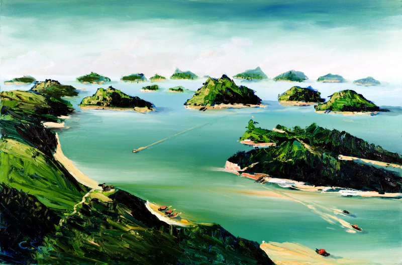 Artistic oil painting of Phuket islands: lush green islets, turquoise sea, sandy bays and boats seen from a verdant hillside.
