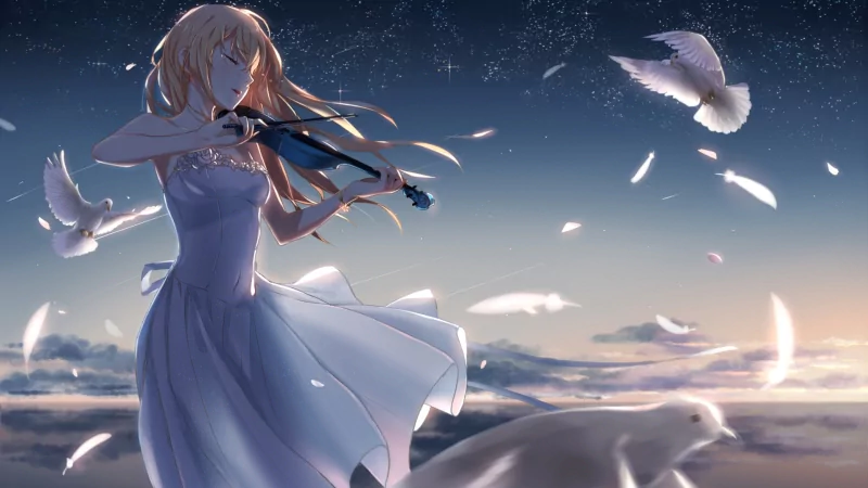 A serene scene featuring Kaori Miyazono from the anime Your Lie in April, playing the violin surrounded by ethereal feathers and a dreamy sky.