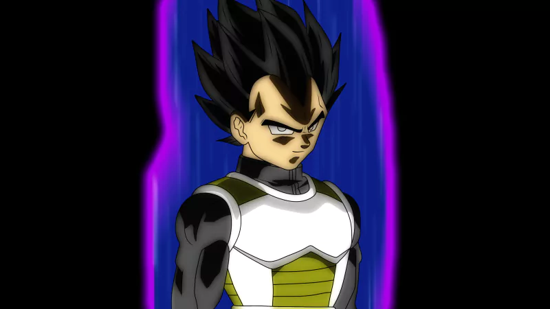 Vegeta from Dragon Ball Super stands with a serious expression, surrounded by a glowing purple and blue aura resembling Ultra Instinct energy.