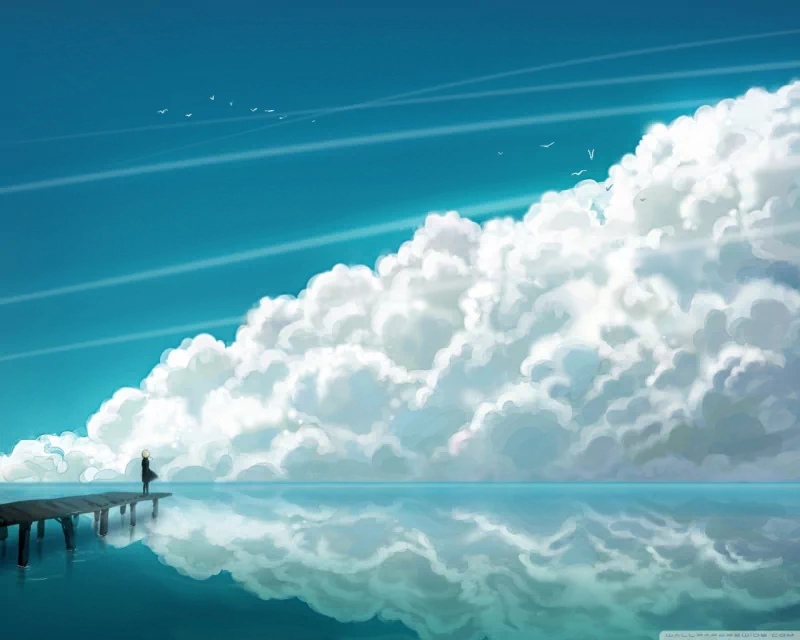 A serene anime landscape featuring a vast sky with fluffy clouds, reflecting on calm waters, and a person standing on a pier, immersed in the tranquil atmosphere.