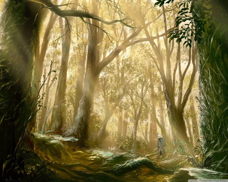 A serene forest bathed in golden light, capturing the ethereal atmosphere of the anime Mushishi, where nature's mysteries unfold among ancient trees.