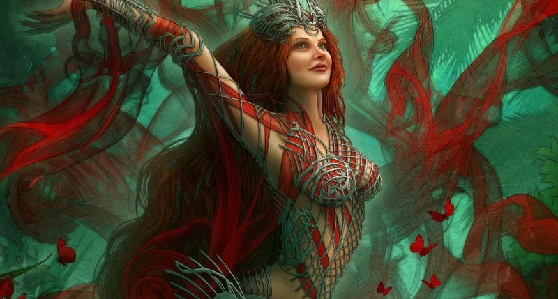 A fantasy woman with flowing red hair embodies a goddess-like figure, adorned in intricate attire, surrounded by butterflies and vibrant greenery.