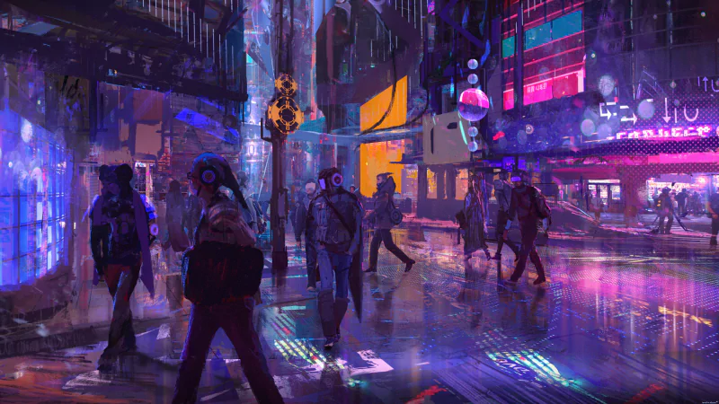 Crowded futuristic sci‑fi city street at night: people walk on wet, reflective pavement beneath neon holographic signs and towering skyscrapers glowing in purple-blue light.