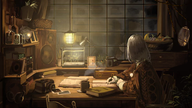 Original fantasy anime scene: a white‑haired figure seen from behind at a cluttered wooden desk in a dim workshop, glowing lamp, maps, books and arcane tools.