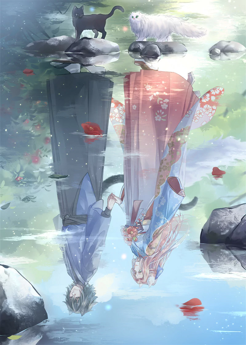 Sasuke Uchiha and Sakura Haruno stand by a serene lake, reflected in the water, with a cat girl and playful cats nearby, surrounded by stones and petals, capturing a tranquil anime moment.