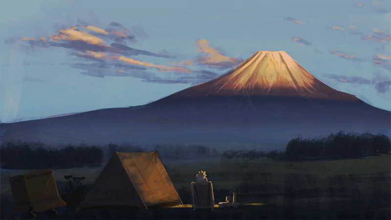 Anime-style sunset over Mount Fuji with Rin Shima camping in the foreground — tents, a chair and campfire glow capture the cozy Laid-Back Camp scene.
