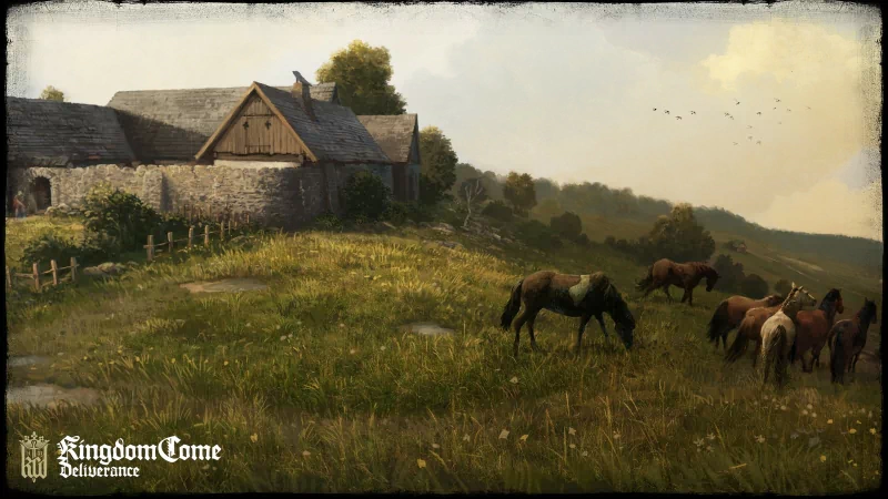 A scene from the video game Kingdom Come: Deliverance: horses graze near stone cottages on rolling, sunlit medieval hills.