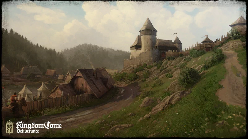 Video game Kingdom Come: Deliverance screenshot: a medieval castle on a grassy hill overlooking a village with tents.
