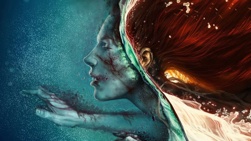 A fantasy-themed image of a woman underwater, her long hair flowing as she reaches out, capturing a surreal and ethereal atmosphere. Bubbles surround her, enhancing the dreamlike quality.