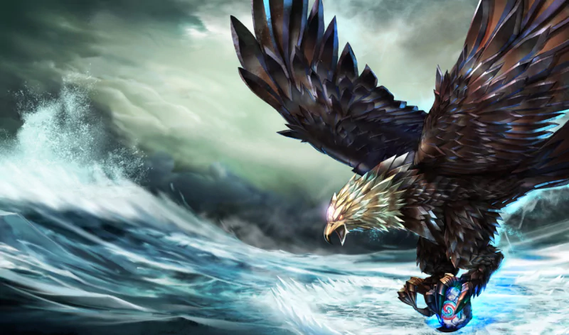 A majestic bird, resembling an eagle, soars over turbulent waves, showcasing its powerful wings and fierce gaze against a dramatic, stormy backdrop.