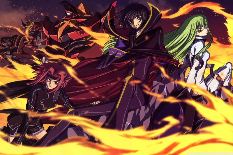 A dynamic scene from Code Geass featuring Lelouch Lamperouge, C.C., and Kallen Kōzuki surrounded by flames, showcasing the intense atmosphere of the anime series.