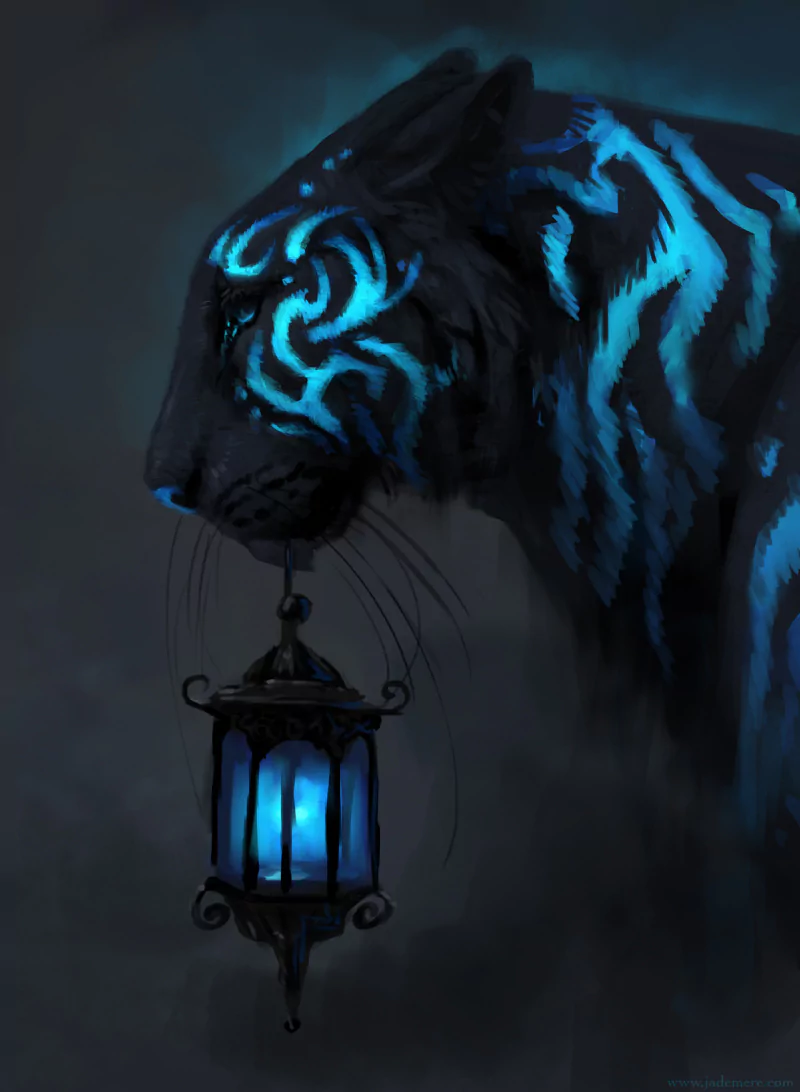 A fantasy tiger with glowing blue stripes holds a glowing blue lantern in its mouth against a dark background.