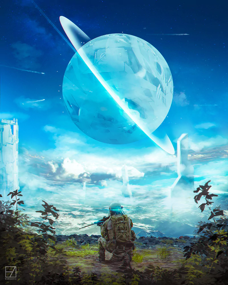 Sci-fi landscape with a lone soldier warrior kneeling in foliage, gazing at a massive ringed blue planet filling the sky.