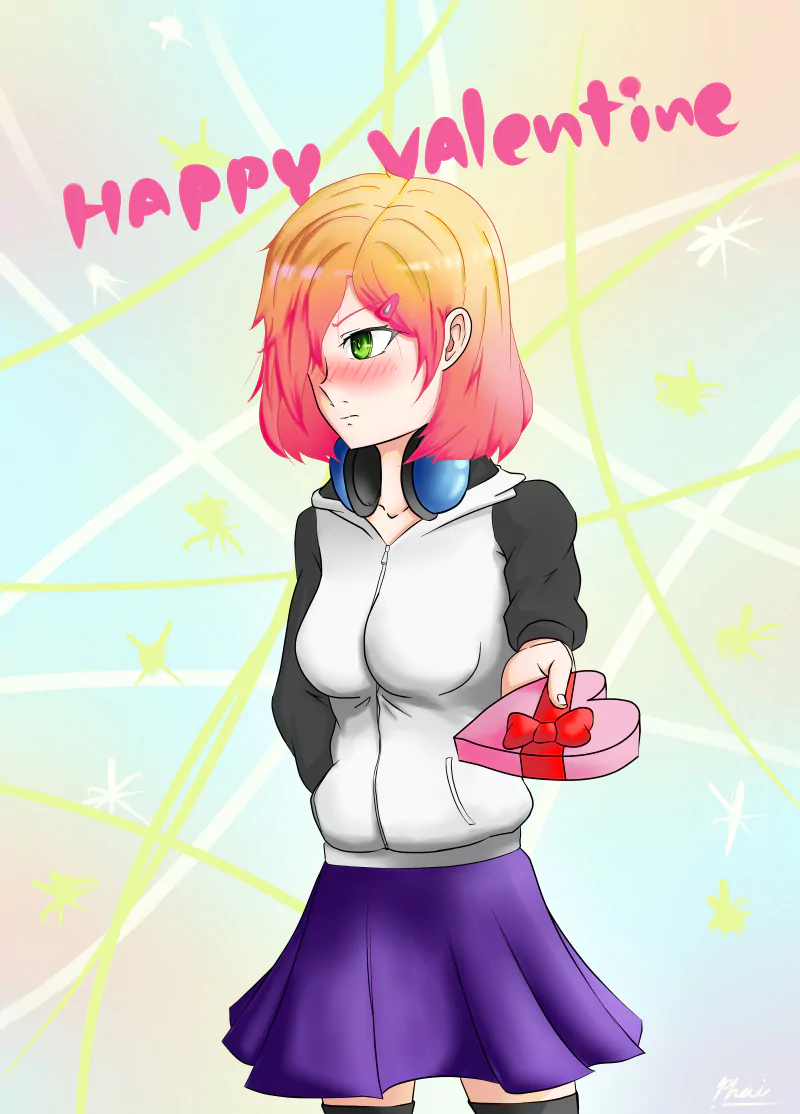 Anime girl with pink and orange hair blushes while holding a heart-shaped Valentine's Day gift, set against a pastel background with Happy Valentine text above.