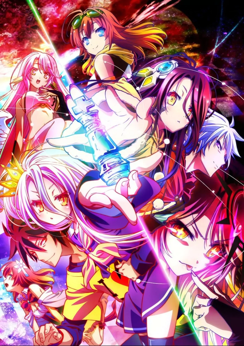 Vibrant No Game No Life anime poster featuring Sora and Shiro alongside other characters, neon-glowing weapons and a swirling cosmic rainbow background.