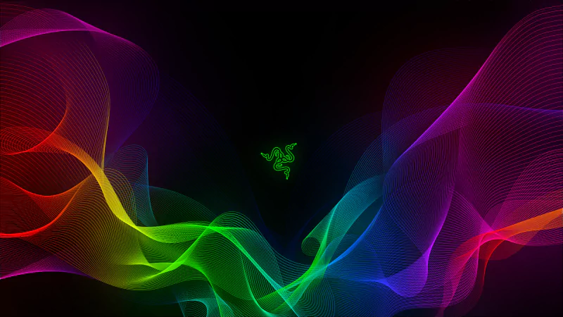 A vibrant display of flowing waves in various colors, featuring the Razer logo at the center, highlighting innovation in technology.