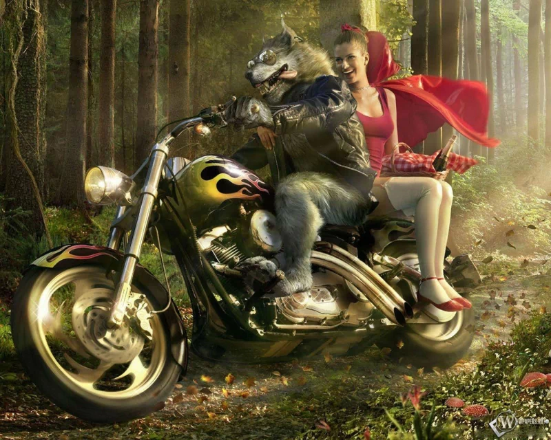 A fantasy scene featuring a woman in a red riding hood, riding on a motorcycle alongside a wolf in a leather jacket, set in a wooded environment.