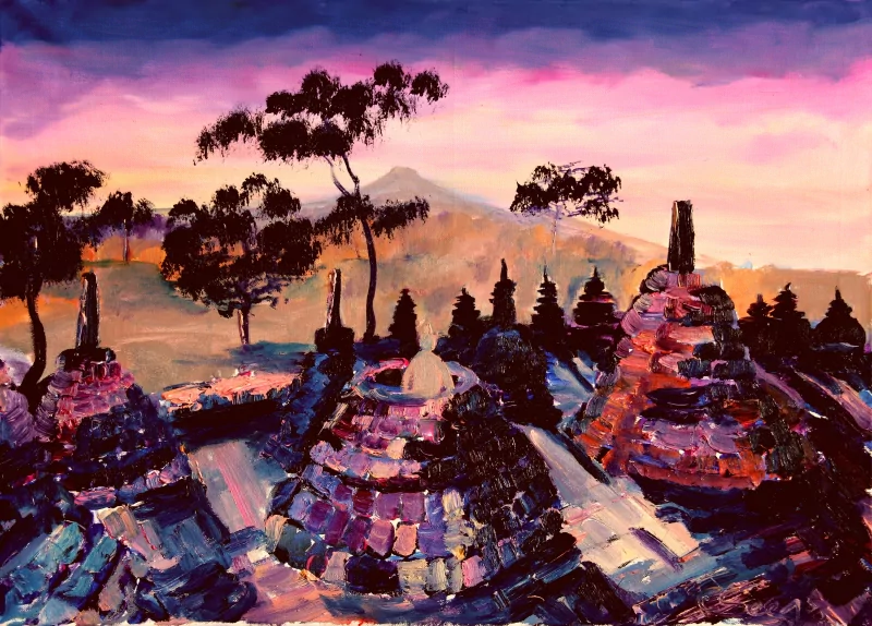  Borobudur Oil Painting, Java, Indonesia by Christian Seebauer