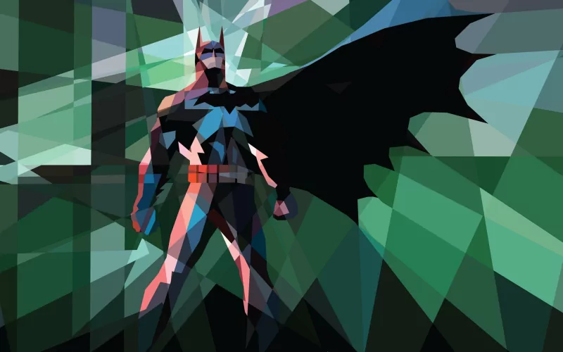 Polygonal comic-style illustration of Batman with sharp facets and angular geometric shapes in shades of green and black forming a dynamic background.