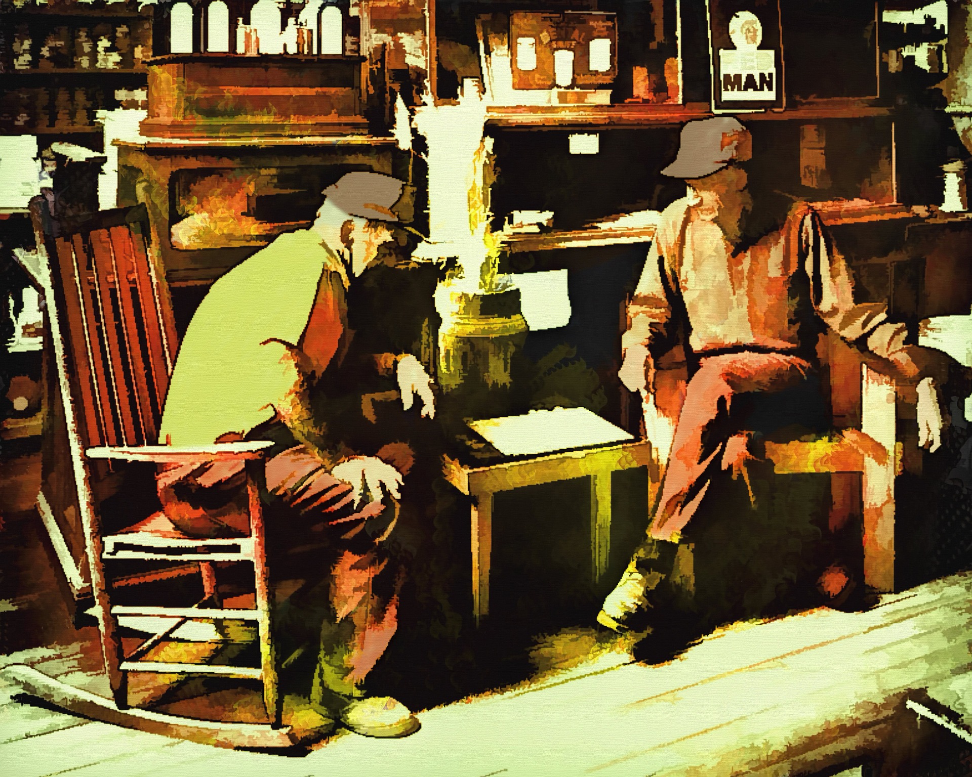 Two Men Sitting Outside a Shop by natureworks