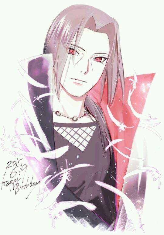 Anime-style illustration of Itachi Uchiha from Naruto, featuring his signature red eyes and dark attire with feather-like accents surrounding him.