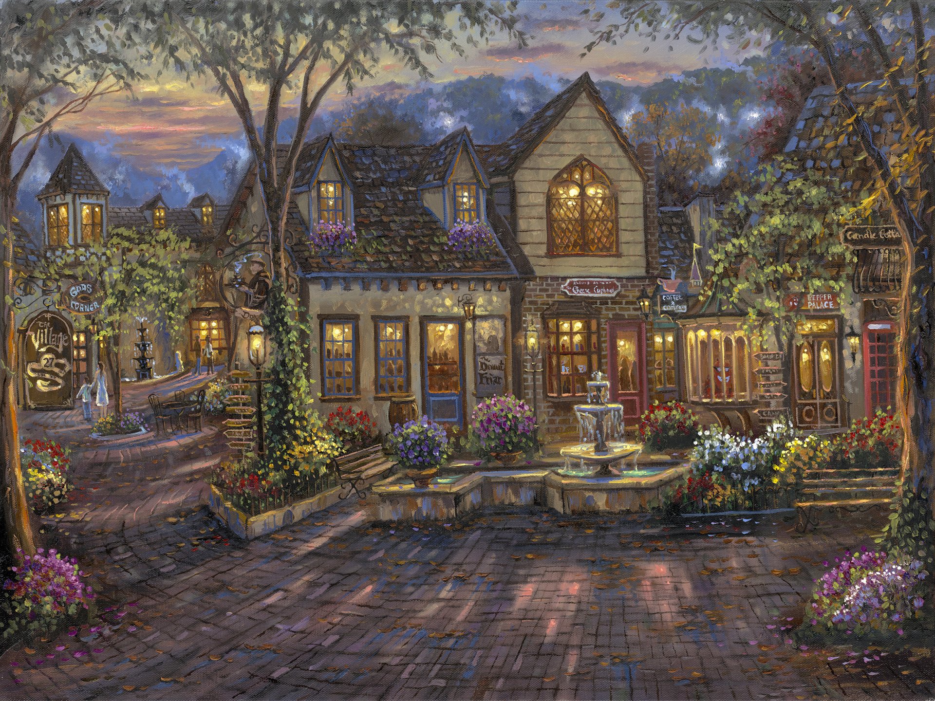 Artistic painting of a charming, warmly lit cottage surrounded by trees and flowers at dusk, with a fountain in the brick-paved courtyard.