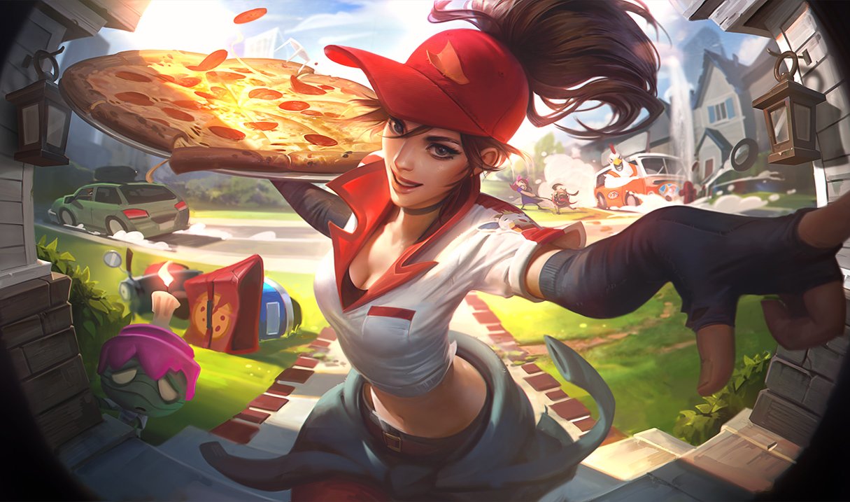Sivir from League of Legends serves a pizza with a confident smile in a vibrant, sunny suburban setting inspired by video game art.