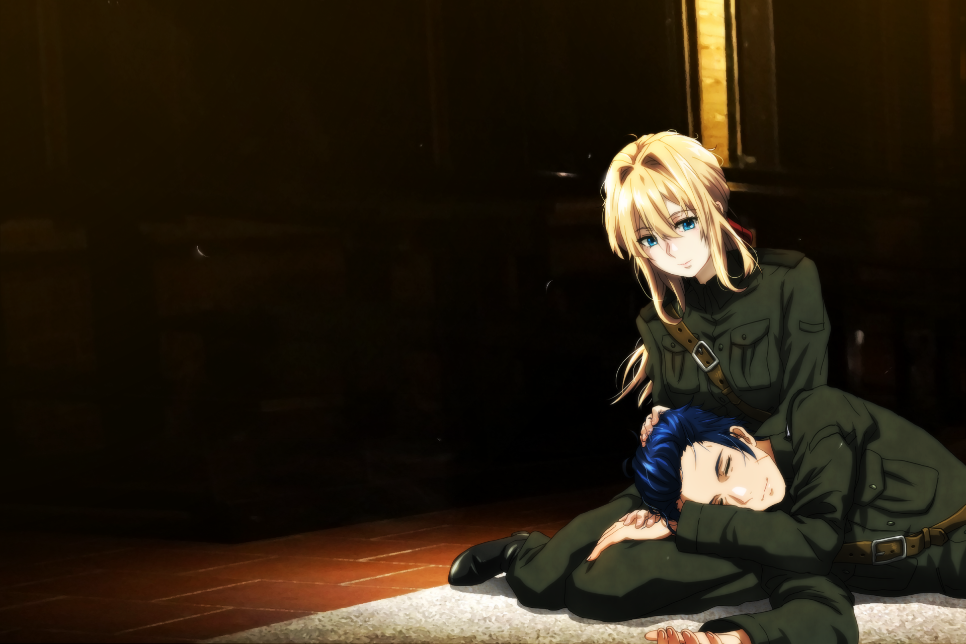 Violet Evergarden, depicted in a poignant scene, gently supports Gilbert Bougainvillea as he rests on her lap, embodying emotions from their intertwined stories in this anime.