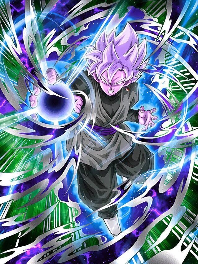 Goku from Dragon Ball Super unleashes a powerful energy attack, surrounded by swirling colors of green and purple, showcasing his iconic Super Saiyan transformation.