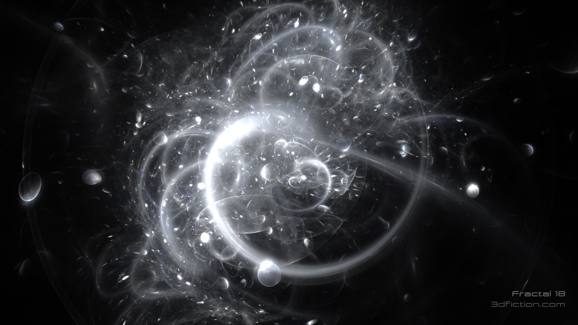 Abstract fractal showing a luminous white spiral of swirling filaments and glowing orbs on a deep black background, suggesting a nebula-like cosmic vortex.