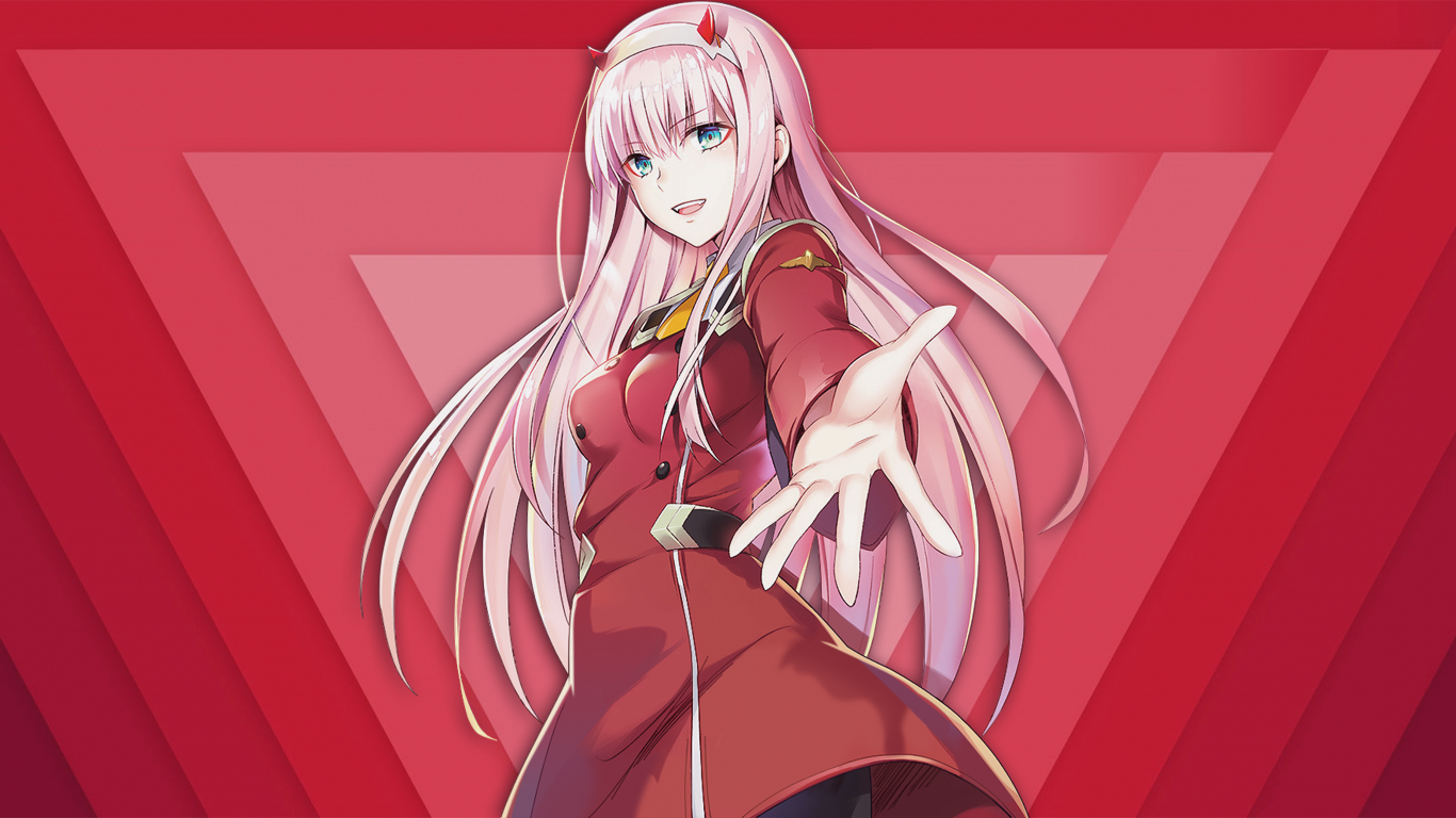 Zero Two from Darling in the FranXX extends her hand, set against a vibrant red geometric background in this dynamic anime illustration.