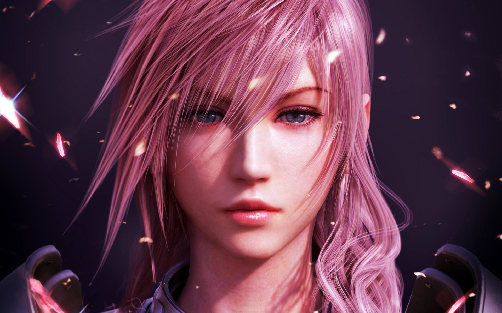 A close-up of a character from the video game Final Fantasy XIII, featuring long pink hair and striking blue eyes, set against a dark background with subtle sparks of light.