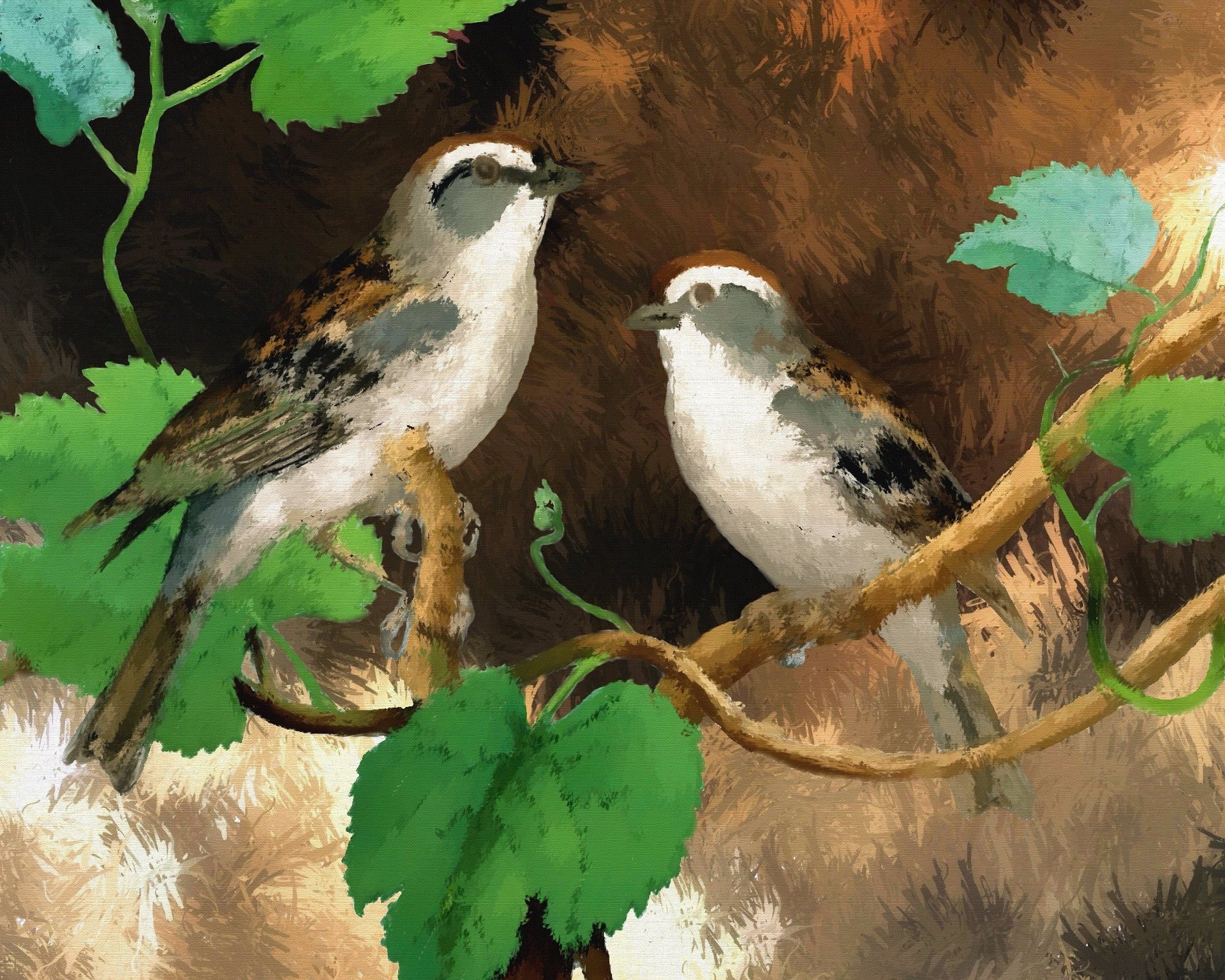 Painting of two small birds (animal) perched on a leafy vine branch with green leaves against a textured warm-brown background.