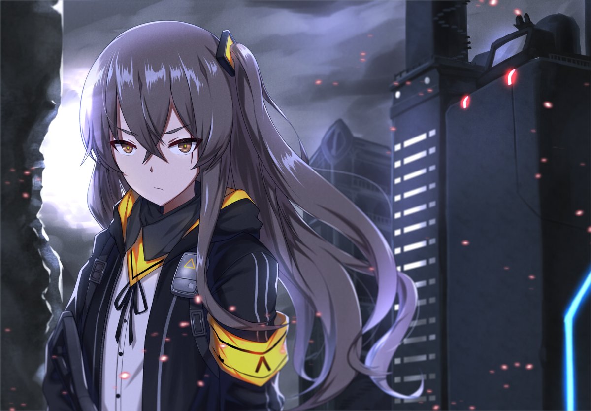 UMP45 (Girls Frontline) from the video game: a dark-haired, red-eyed T-Doll in black-and-yellow gear stands against a moonlit, ruined city skyline with drifting embers.