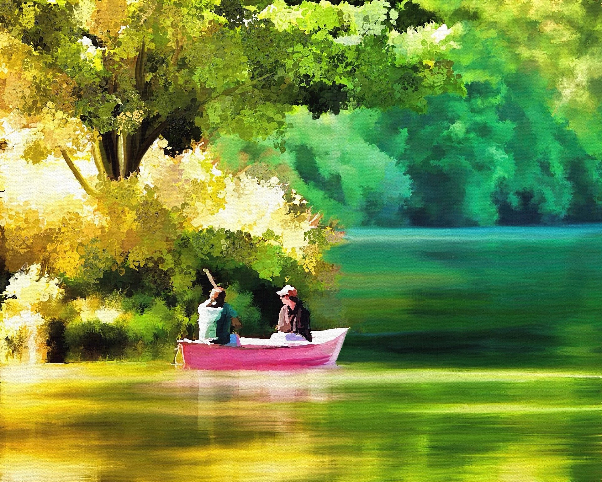 Download Lake Boat People Artistic Painting Art