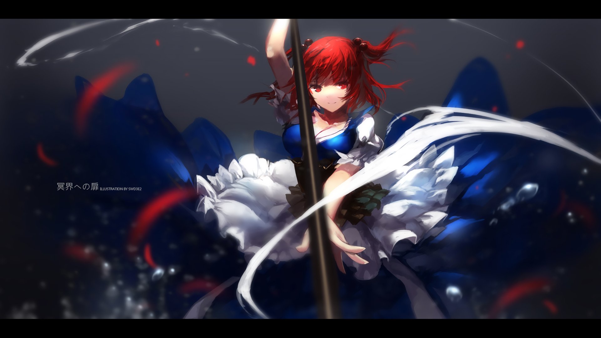 Anime-style depiction of Komachi Onozuka from Touhou, wielding a scythe with dynamic motion and vibrant blue and red tones.