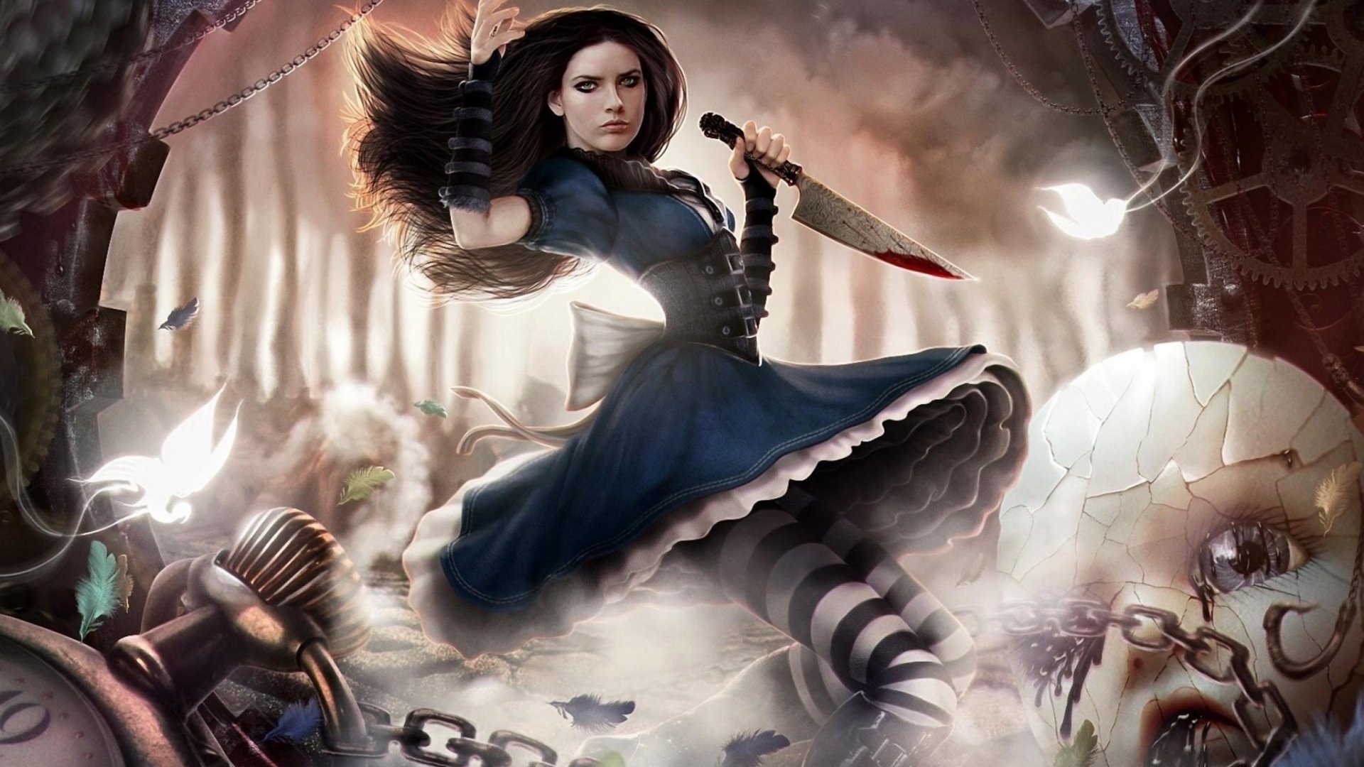 A striking image from the video game Alice: Madness Returns, featuring a fierce Alice wielding a knife in a dark, surreal landscape filled with haunting imagery.