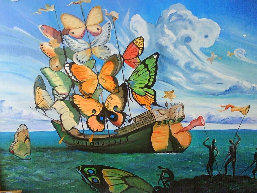 A fantastical ship with giant colorful butterfly wings as sails drifts over a turquoise sea while butterflies swirl and silhouetted figures watch from the shore.