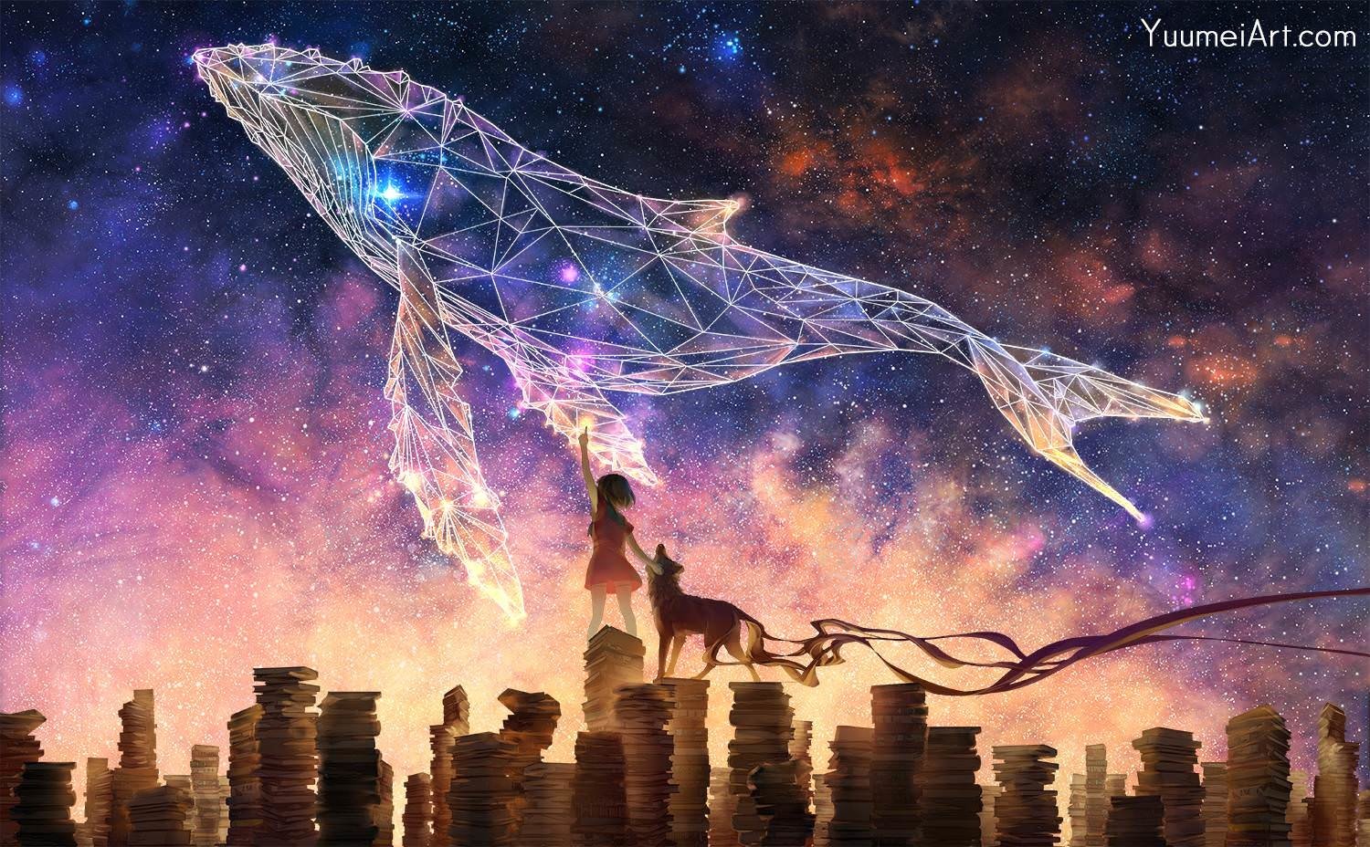 Anime original illustration: silhouetted person and dog stand on stacked pillars as a luminous geometric whale swims across a star-filled cosmic sky.