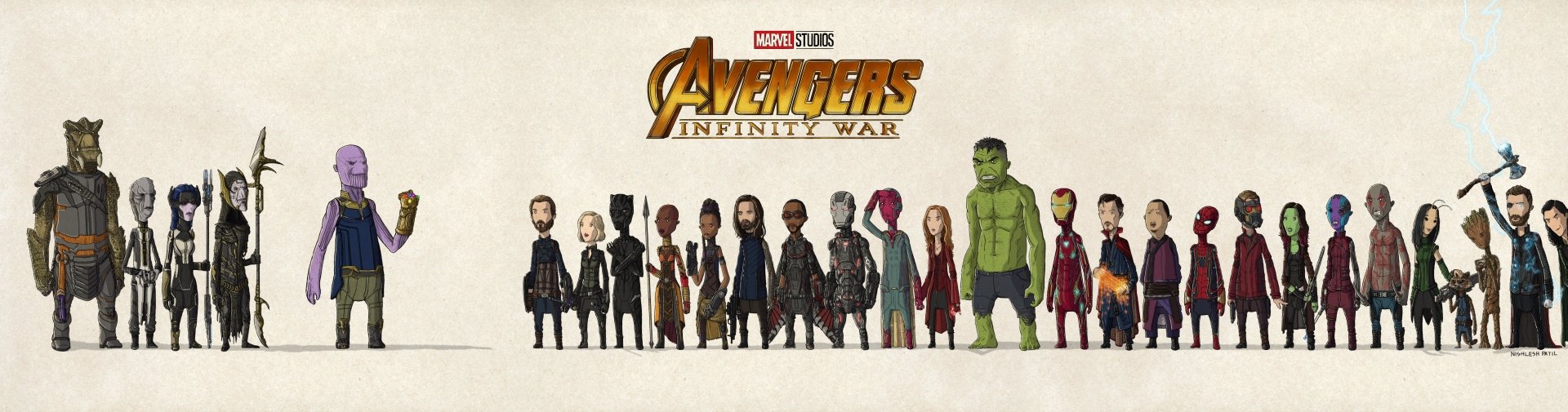 Wide lineup of Marvel Avengers: Infinity War characters standing side by side against a white background, showcasing heroes and villains from the movie.